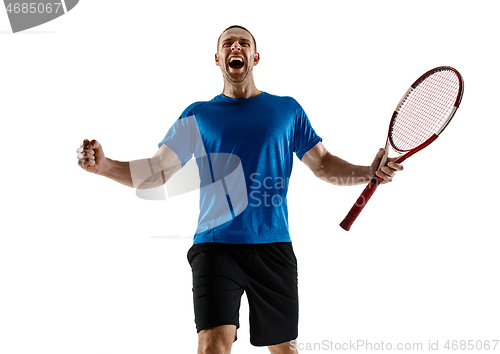 Image of Portrait of a handsome male tennis player celebrating his success isolated on a white background