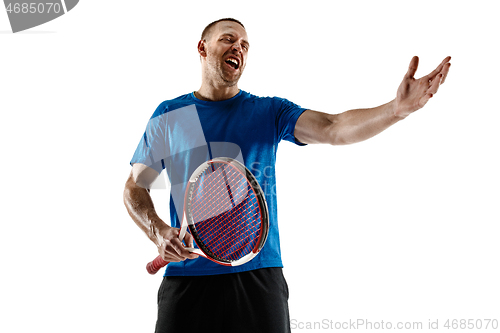 Image of Stressed tennis player arguing with chair empire at court.