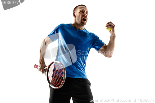 Image of Portrait of a handsome male tennis player celebrating his success isolated on a white background