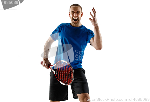 Image of Portrait of a handsome male tennis player celebrating his success isolated on a white background