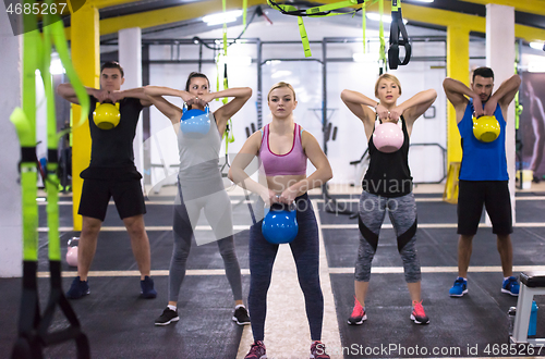 Image of athletes doing exercises with kettlebells