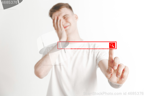 Image of Businessman hand touching empty virtual screen