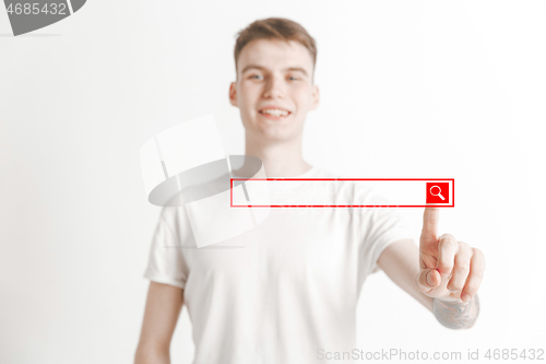 Image of Businessman hand touching empty virtual screen