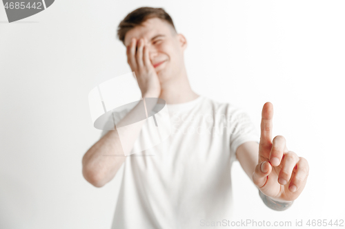 Image of Businessman hand touching empty virtual screen