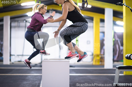 Image of athletes working out  jumping on fit box