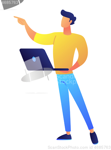 Image of Developer standing with laptop and pointing with finger vector illustration.