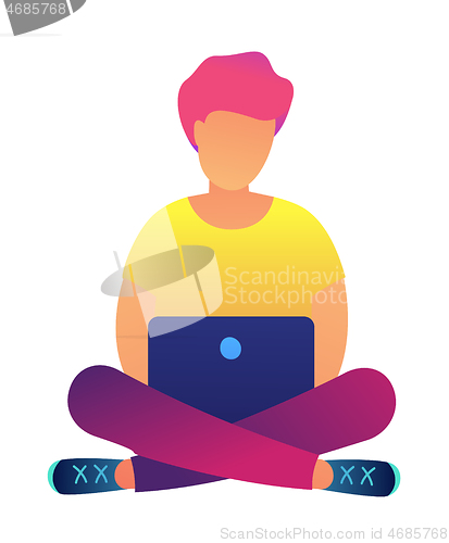 Image of Red haired programmer with laptop in lotus pose vector illustration.