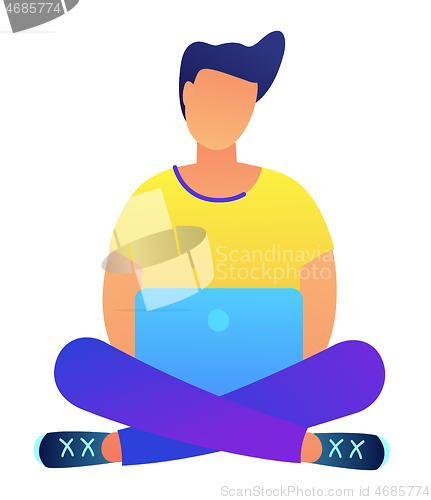 Image of Dark haired programmer with laptop in lotus pose vector illustration.