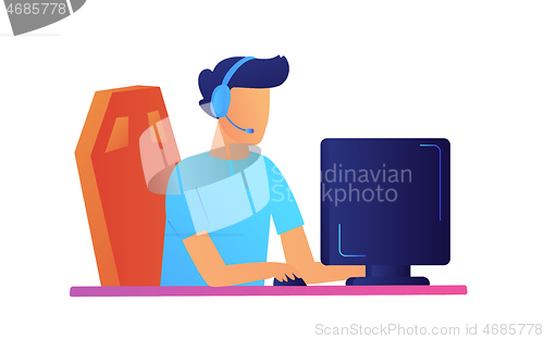Image of Gamer in headphones playing computer games vector illustration.