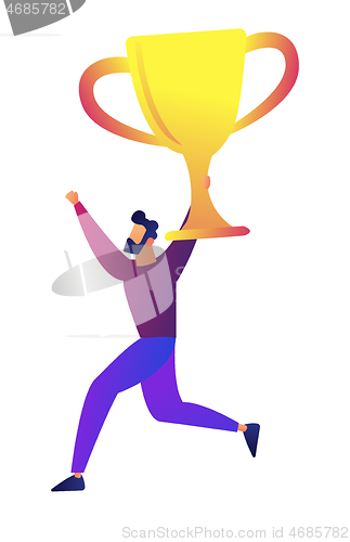 Image of Businessman holding a big trophy cup vector illustration.