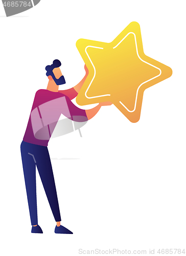 Image of Businessman holding a big golden star vector illustration.