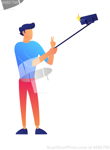 Image of Vlogger taking selfie with a selfie stick vector illustration.