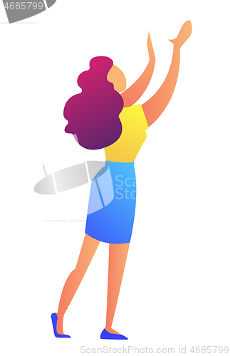 Image of Business woman with hands up doing presenting gesture vector illustration.