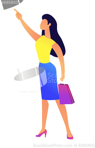 Image of Young business woman with shopping bag pointing with finger vector illustration.