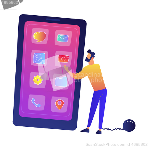 Image of Businessman chained to huge smartphone vector illustration.