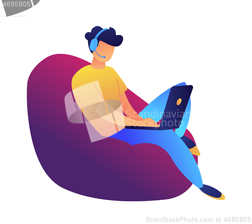 Image of Young user working with laptop in armchair vector illustration.