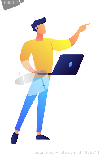 Image of Developer standing with laptop and pointing with finger vector illustration.