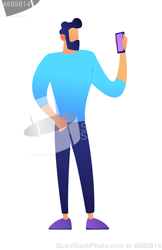 Image of Businessman looking at smartphone vector illustration.