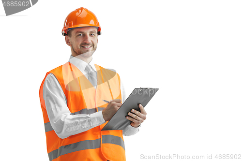 Image of The builder in orange helmet isolated on white