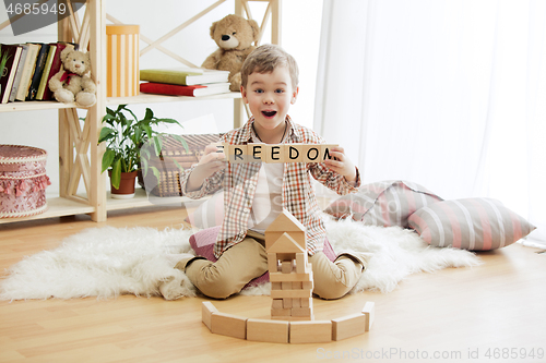 Image of Wooden cubes with word FREEDOM in hands of little boy