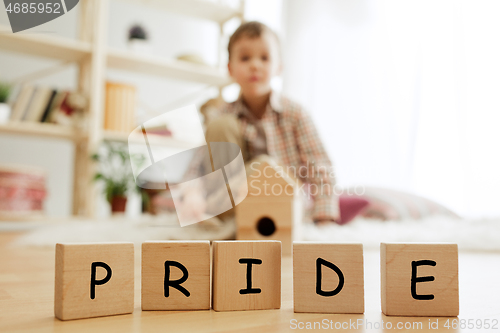 Image of Wooden cubes with word PRIDE in hands of little boy
