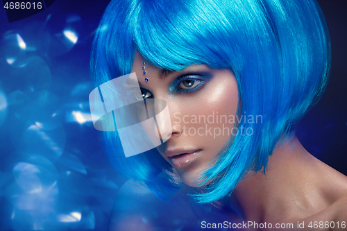 Image of Beautiful girl in blue wig