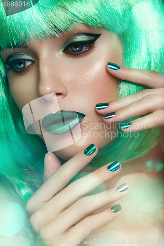 Image of beautiful girl in green wig