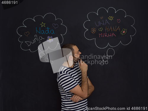 Image of young future father thinking in front of black chalkboard