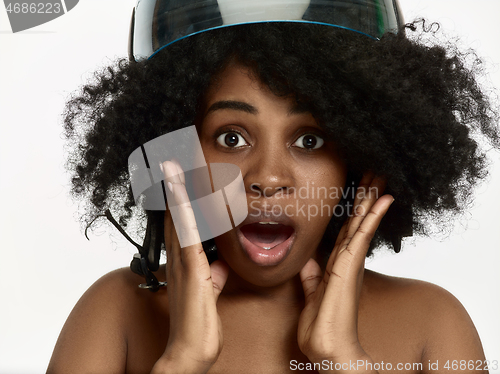 Image of Portrait of attractive woman in motorbike helmet