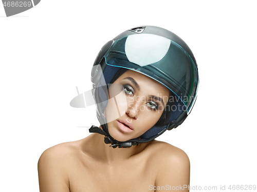 Image of Portrait of attractive woman in motorbike helmet