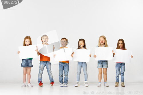 Image of Group of children with a white banners isolated in white