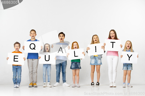 Image of Equality. Group of children with a banners isolated in white