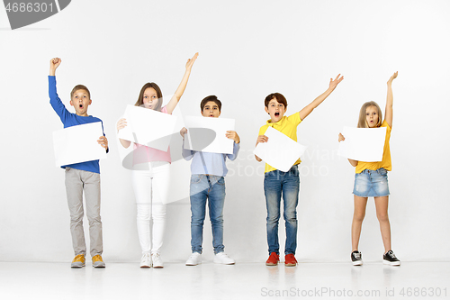 Image of Group of children with a white banners isolated in white