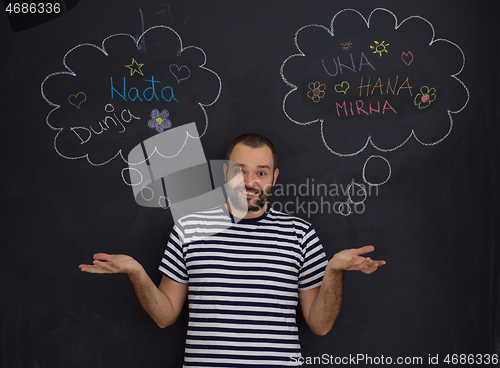 Image of young future father thinking in front of black chalkboard