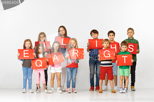 Image of Equal rights. Group of children with red banners isolated in white