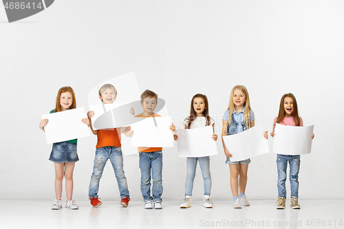 Image of Group of children with a white banners isolated in white