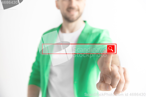 Image of Businessman hand touching empty virtual screen