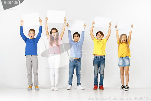 Image of Group of children with a white banners isolated in white