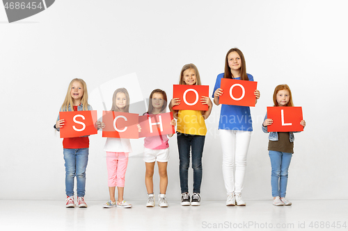 Image of School. Group of children with red banners isolated in white
