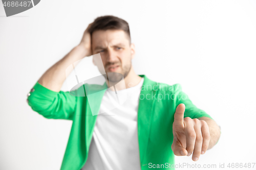 Image of Businessman hand touching empty virtual screen