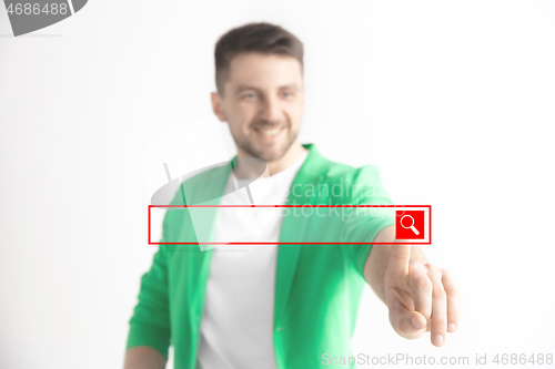 Image of Businessman hand touching empty virtual screen