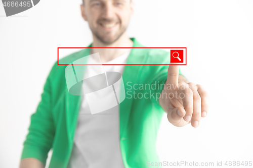 Image of Businessman hand touching empty virtual screen