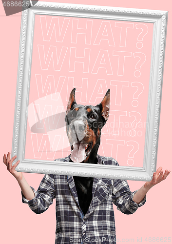 Image of Contemporary art collage or portrait of surprised dog headed man. Modern style pop art zine culture concept.