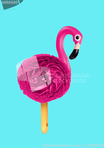 Image of Ice creamy flamingo. Modern design. Contemporary art collage.