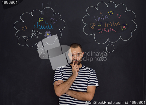 Image of young future father thinking in front of black chalkboard