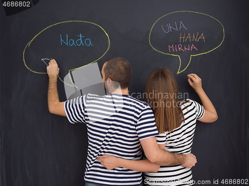 Image of pregnant couple writing on a black chalkboard
