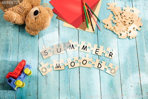 Image of Stationery and word SUMMER MOOD made of letters