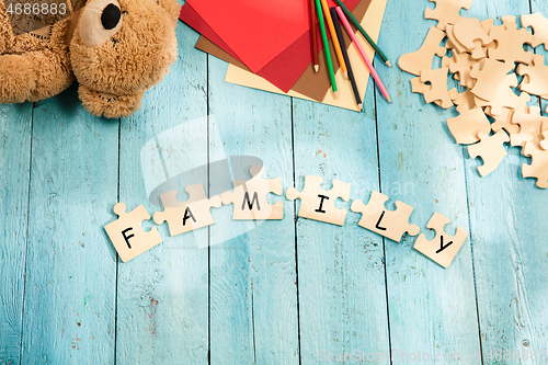 Image of Stationery and word FAMILY made of letters