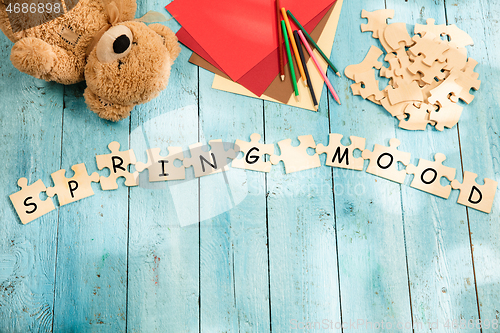 Image of Stationery and words SPRING MOOD made of letters