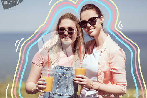 Image of teenage girls or friends with drinks in summer